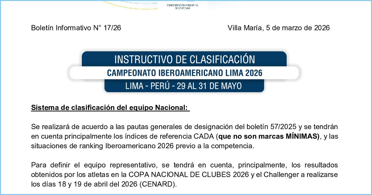 Boletín CADA Nº 17/26: instructivo de clasificación al Campeonato Iberoamericano Lima 2026