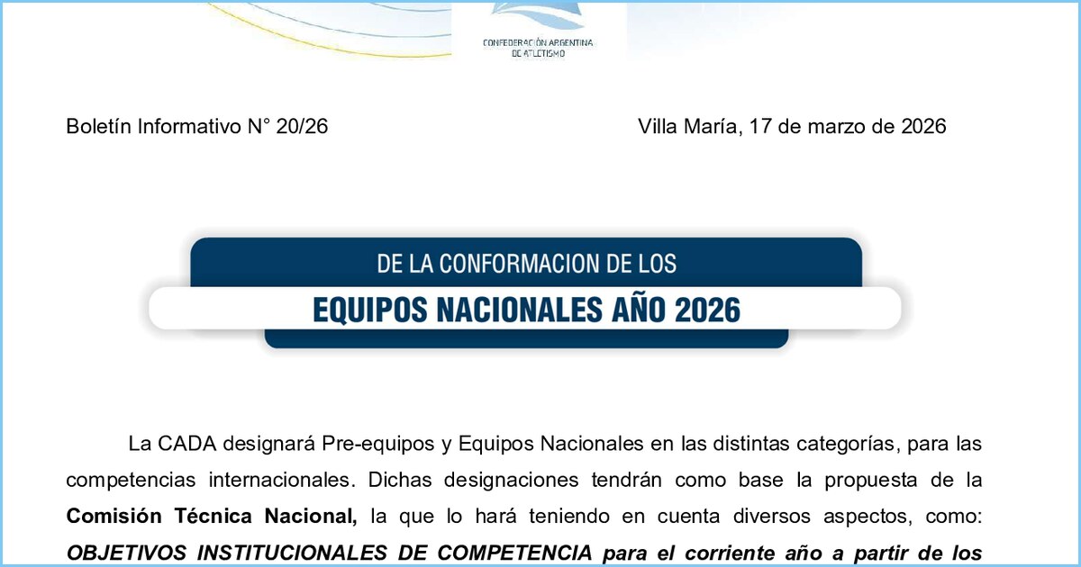 Boletín N° 20/26: criterios y marcas referenciales para la conformación de los equipos nacionales 2026